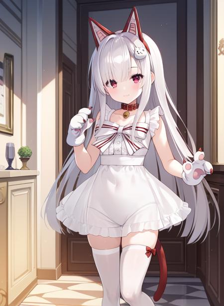 namahoshi-chan, fake animal ears, cat ears, grey hair, very long hair, bangs, hair ornament, animal ears, mole under eye, cat tail,chibi animal hands, paw gloves, thighhighs, red footwear, gloves, ribbon, bow, white thighhighs, see-through, high heels, white dress, shoes, collar,white gloves