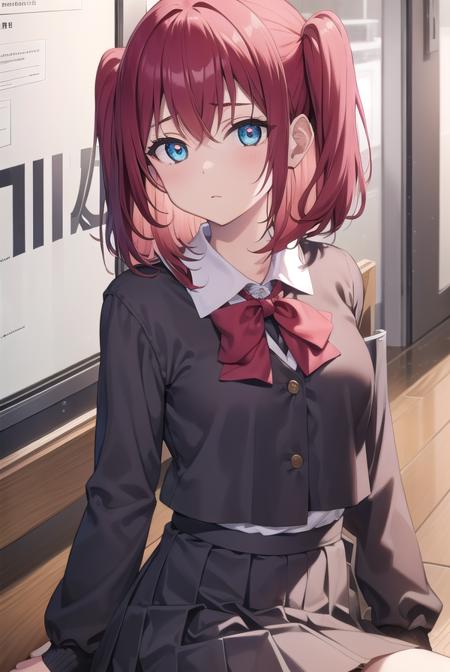 rubykurosawa, <lyco:rubykurosawa-lyco-nochekaiser:1>, 
ruby kurosawa, aqua eyes, medium hair, red hair, two side up, twintails, (flat chest:1.2), 
BREAK black socks, bow, bowtie, brown footwear, buttons, grey sailor collar, grey skirt, loafers, long sleeves, miniskirt, pleated skirt, sailor collar, school uniform, serafuku, shirt, shoes, skirt, uranohoshi school uniform, white shirt, winter uniform, yellow bow, yellow bowtie,
BREAK looking at viewer, 
BREAK indoors, classroom, 
BREAK <lyco:GoodHands-beta2:1>, (masterpiece:1.2), best quality, high resolution, unity 8k wallpaper, (illustration:0.8), (beautiful detailed eyes:1.6), extremely detailed face, perfect lighting, extremely detailed CG, (perfect hands, perfect anatomy),