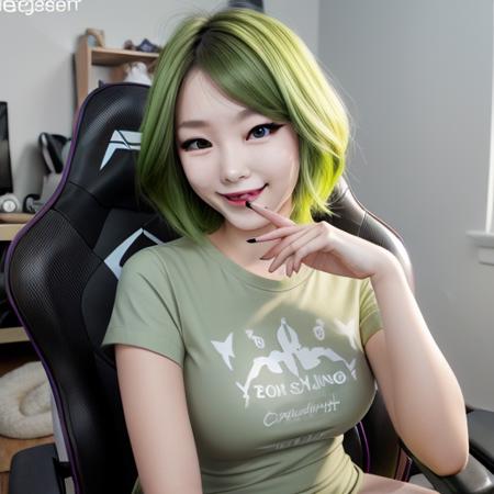 1girl,lime color gaming chair,sitting,lime color shirt,smile,short hair,lime color hair,makeup,lime color room, <lora:JS_Streamer:0.7>