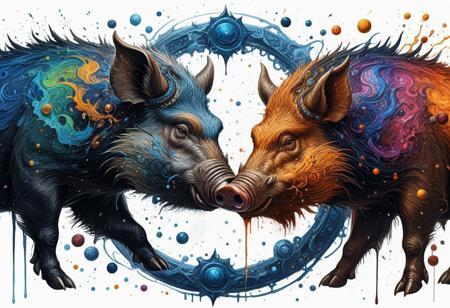 Finely detailed vector illustration. fighting boars, universe, ultra realistic quality,circle symbols,white background, oil painting, hyperdetailed, intricately detailed,  triadic colors,fantastical,intricate detail,splash screen,complementary colors, fantasy concept art, 8k resolution, masterpiece,oil painting,heavy strokes,paint dripping.