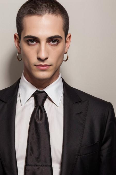 damiano_maneskin, solo, strong neck, short hair, shirt, black hair, 1boy, brown eyes, jewelry, jacket, white shirt, male focus, earrings, necktie, collared shirt, looking to the side, facial hair, formal, suit, realistic, very short hair, buzz cut, stubble, (black eyeliner) <lora:damiano_maneskin-40:0.65>