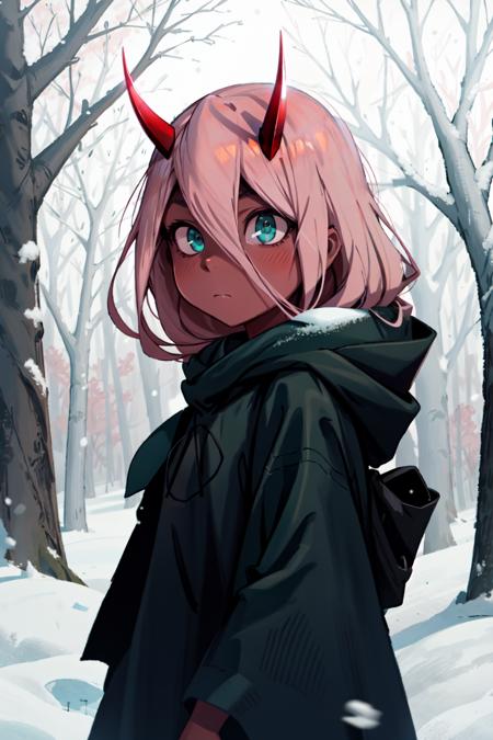 <lora:ZeroTwoOni2_0:0.9> Zero Two, 1girl, masterpiece, best quality, long hair, (red skin), red horns, pink hair, green eyes, colored sclera, black robe, expressionless, bags under eyes, squinting, outdoors, snow, forest, night, snowing, blizzard