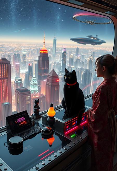 A sleek black cat with red collar sits on a cluttered metal riveted desk with transparent top and rgb led computer components visible inside, On the desk are a maneki neko statue and a lava lamp, the Black Cat is looking out of a seamless and futuristic floor to ceiling window that looks out at thousands of enormous wide and tall futuristic skyscrapers from a large window in a descending spaceship, a beautiful woman, 24 years old, is standing next to the cat looking at the viewer holding out her hand in a welcoming gesture, out the window is the enormous city at night, filled with buildings of many shapes and sizes, some over a mile tall))), the woman is dressed in an ornate Japanese style bath robe. An enormous deco starship with futuristic lighting and design is visible high above the city, and a space station is visible in the background among the stars, The woman's hair is messy from just waking up and tied up with a ribbon. Artistic cyberpunk, dynamic perspective, (((overall architectural aesthetic is Art Deco Cyberpunk))).  (((A large futuristic building shaped like a torii gate stands among the enormous tokyo structures,)))
