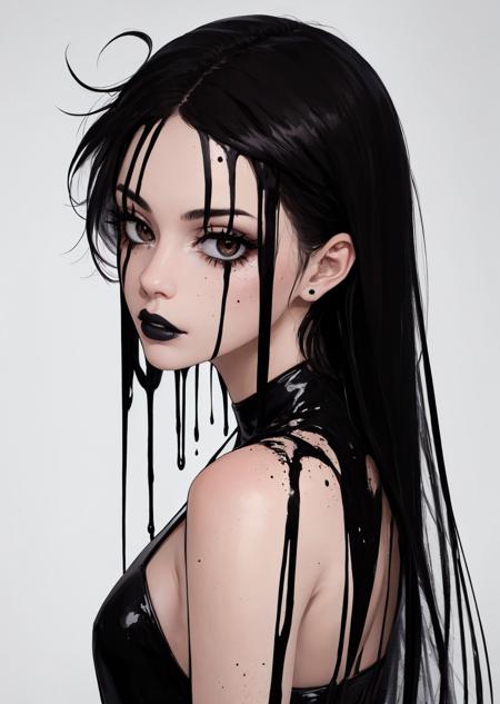 bs, 1girl, long hair, looking at viewer, brown hair, black hair, brown eyes, grey background, blood, messy hair, portrait, black lips, solo, <lora:black_slime-06:1>