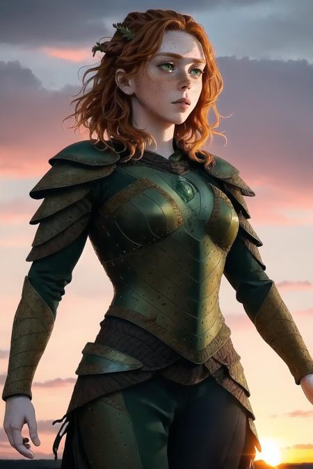 <lora:doricv2:1.3>,doric,armor,freckles,(extremely detailed), full body shot photo of the most beautiful artwork in the world, beautiful women, sunset, Intricate, High Detail, realistic, green eyes