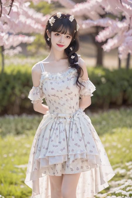 1girl, solo,mix4, (realistic:1.1), (photorealistic:1.1), (masterpiece:1.1), (best quality:1.1),  ultra detailed, looking at viewer, smile,flower_dress,standing , natural lighting, depth of field,garden, flower,pureerosface_v1,in a meadow,cherry_blossoms,
<lora:flower_dress:0.8>,<lora:A_BaseFace_1_cuteGirlMix4_v10:0.4>, <lora:A_BaseFace_5_asiaMix_v10:0.6>