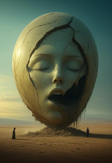 Epic scene, Giant buried in the desert, people watching, shocking, ultra-realistic, art leans heavily towards surrealism, with its dreamlike quality and the blending of reality with the fantastical. The melting face and glowing orb invoke a sense of the uncanny, common in surrealist works, by Beeple and Wojtek Fus and Aeforia, movie poster, extremely detailed, hyper resolution, cinematic lighting