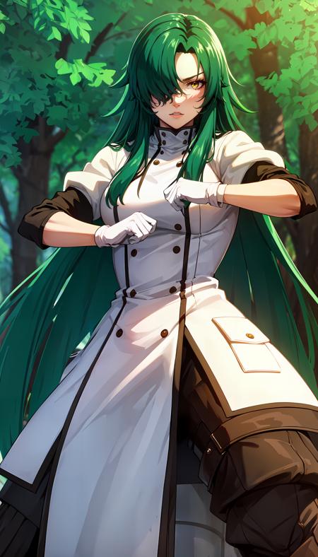 long hair green hair yellow eyes hair covering one eye long coat white coat white gloves