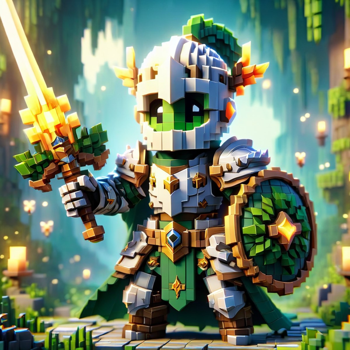 a cinematic shot of a fantasy pixel ral-vxl knight, holding a sword and shield, wearing armor, forest in background, Amazi...