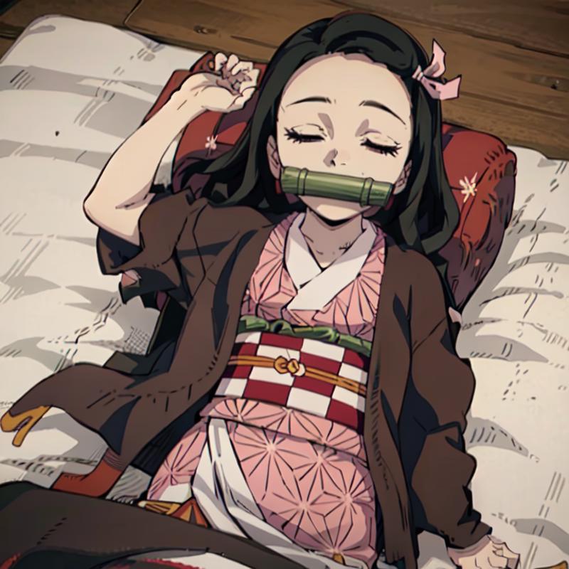 A sleeping girl with a cloth in her mouth.