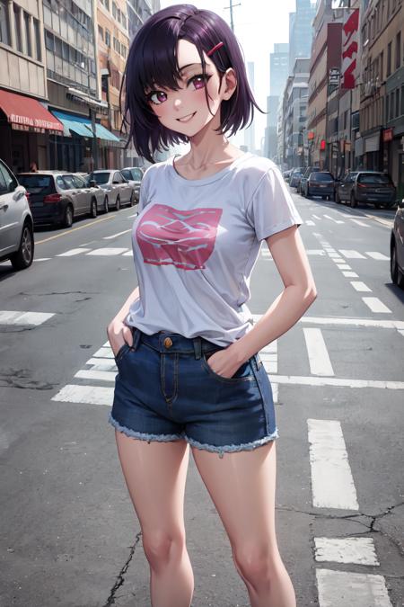 masterpiece, best quality, absurdres, perfect anatomy, MikazukiShizuka, hairclip, t-shirt, denim shorts, standing, outdoors, city, hands in pockets, smile, portrait, <lora:MikazukiShizuka:1>