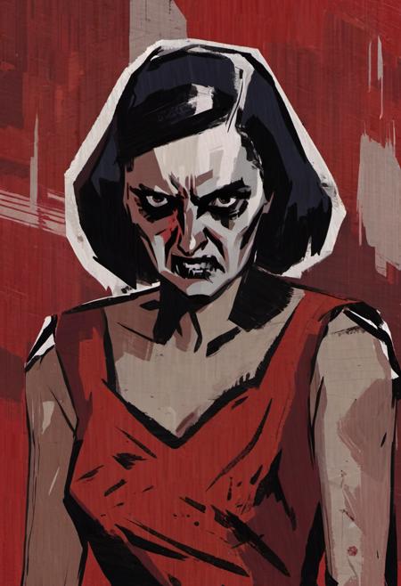 disco elysium, angry woman wearing red dress, grim expression, red pattern background, expresionist