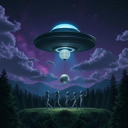 detailed, high resolution, 4k, UFO, alien space ship, a UFO is hovering in sky, night, clouds, dark purple sky, stars, big stars, small stars, nebula, UFO is glowing blue slightly, UFO is dangling a disco ball, disco ball hanging from under the UFO, disco ball is attached by a rope, disco lights, forest, mountains, forest clearing, a bunch of aliens are dancing in the forest clearing, the aliens are having a dance party, aliens are break dancing, dynamic poses, dynamic dance moves, birds eye view, view from above,