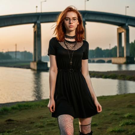 RAW full body analogue photo of a beautiful 20 years old woman, clear focus, 8K,__Random_Woman__,wearing big nerdy black glasses, brown eyes, short bob hairstyle, wearing an oversized graphic tee dress paired with fishnet tights and combat boots, accessorized with a choker and layered necklaces. ,low light, soft natural light, Rembrandt style light, Hasselblad DLSR camera, 200mm Zeiss lens, f/2.8, ,Sexy pose, erotic pose, exhibitionism ,futuristic bridge