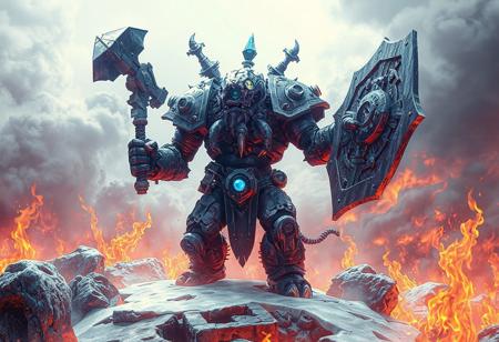 In an epic, highly detailed 8k image with a white color palette, the Acid Golem of Destruction, a purple steampunk monster, stands on a Land of Frozen Flames. Adorned with blue and gray accents, the golem holds a gray Edge Hammer and Spirit Shield, embodying anticipation and readiness. The image features vibrant colors, sharp lines, and a dynamic action pose, set against a harmonious backdrop of contrasting flames. This captivating, trending ArtStation illustration is a blend of Raphael and Houdini styles, exuding vivid emotions, cinematic quality, and a powerful message.