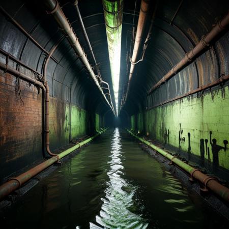 a narrow sewer tunnel stretching into darkness, damp brick walls coated in green slime, rusted pipes weaving along the ceiling, ankle-deep water reflecting faint industrial light, a shadow barely visible at the vanishing point, tunnel, reflection, creepy, dark, dirty