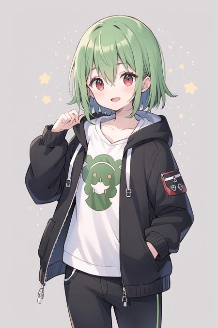 1girl, solo, green hair, red eyes, short hair, shirt, open mouth, smile, white shirt, hood, jacket, looking at viewer, kazami yuuka, long sleeves, open clothes, bangs, hand in pocket, black jacket, pants, hooded jacket, cowboy shot, black pants, hair between eyes, :d, collarbone, open jacket, hoodie