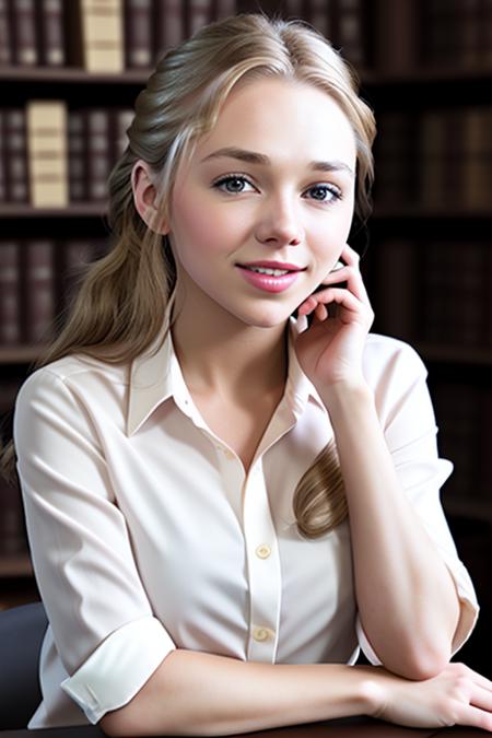 a photo of AM001_Liv_A_v2,
25 years old woman weared (long-sleeve shirt:1.2)
sitting at the table in the library, <lora:LowRA:0.3>,
soft light, golden hour, cheerful mood, shoulder shot, close up, 
4k textures, natural skin texture, skin pores, adobe lightroom, photolab, intricate, highly detailed, sharp focus, professional photo, insane details, intricate details, hyperdetailed, hyperrealistic