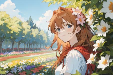 masterpiece, best quality,1girl, asuka, garden, light smile, (((flower)))