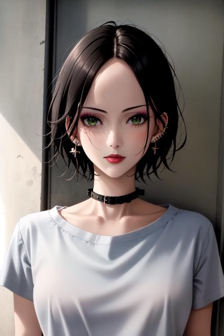 1girl, (masterpice:1.3), highres, high-detailed, high quality, (solo), 4k, cg, pixiv, (perfect face and eyes), detailed face, dynamic light,  intense shadows, intricate_details, nana,short hair, black hair, jewelry, green eyes, earrings, collar, makeup, piercing, lipstick, ear piercing,  t-shirt, room, outdoors, sexy, sensual, <lora:nana_osaki-08:0.7>, (modeling pose:1.3)