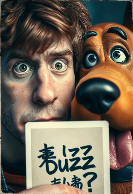 A hyper-detailed close-up portrait of Shaggy and Scooby-Doo, their faces side by side. Shaggy has messy brown hair, faint freckles, and a scruffy beard, looking slightly nervous. Scooby has wet, shiny nostrils, deep blue eyes, and droopy jowls, panting happily.  holding a cardboard withe text "අපිට Buzz නැත﷿යි?"
DCIM, DSC, jpg , polaroid, fujifilm 400, faded