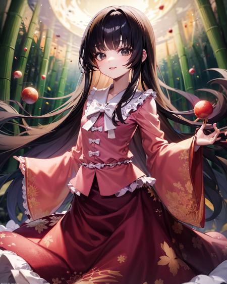 houraisan kaguya, 1girl, solo, bamboo, long sleeves, forest, pink shirt, moon, wide sleeves, bamboo forest, nature, jeweled branch of hourai, red skirt, smile, branch,, looking at viewer, full moon, holding, black hair, night, standing, parted lips, frilled shirt collar, long_skirt,outdoors, hime cut,   <lora:HouraisanKaguyaV1:1>,black eyes, blunt bangs,