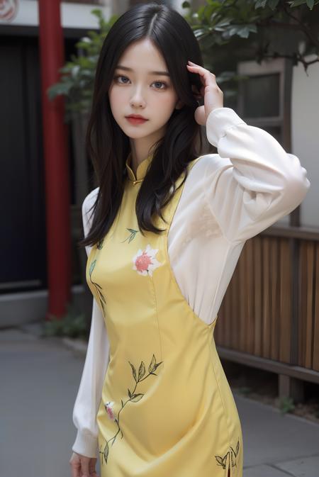 (yellow birds printed china dress),(white long sleeves),1 girl,upper body, high heels,(short hair:1.1), (realistic:1.7),((best quality)),absurdres,(ultra high res),(photorealistic:1.6),photorealistic,octane render,(hyperrealistic:1.2), (photorealistic face:1.2), (8k), (4k), (Masterpiece),(realistic skin texture), (illustration, cinematic lighting,wallpaper),( beautiful eyes:1.2),((((perfect face)))),(cute),(standing),(black hair),(short hair),black eyes,red lips, (outdoors),<lora:ChinaDress:0.55>,  <lora:JapaneseDollLikeness_v15:0.4>,