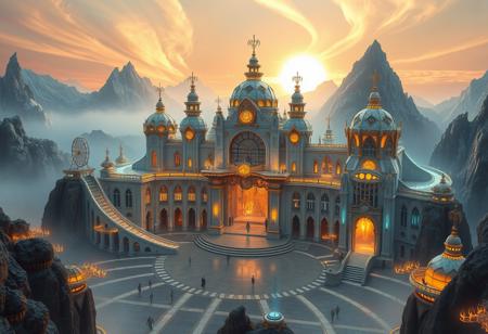Captivating fantasy scene:
Colossal fantasy palace
Palace features:
Bright, ribbons of aurora lights arc out like paths,
European architecture, large open stage in courtyard,
Sweeping curves and dynamic shapes
Metallic and glass surfaces with a white and gold, reflective quality
Dramatic lighting highlighting key architectural elements
Setting:
Surrounded by jagged mountains, sun rising over the tops,
Palace towers over the surrounding environment
Misty, breathtaking scene
Color palette:
White, Metalic Golds, vibrent colors, aurora borealis, luminous colors, 
Lighting:
Golden hour, otherworldly glow illuminating the palace
Soft, amazing light emanating from within the structure
Additional elements:
aurora borealis above
Trident patterns built into architechture and on flags,
theme Park build into the surrounding mountains, large ferris wheel, rollercoaster, roads of light looking like an aurora borealis,
Faint, figures or creatures in the foreground or background
Hints of advanced technology integrated into the architecture
Style: Hyper-realistic digital art with a touch of surrealism
Mood: Awe-inspiring, bright, and mysterious
Composition: Wide-angle view to showcase the palace's scale, with a low angle to emphasize its towering presence