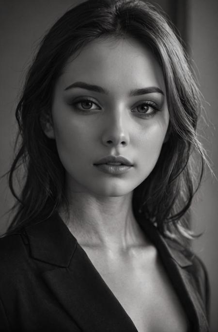 1girl, beautiful, smooth skin, greyscale, noir, close-up, black clothes