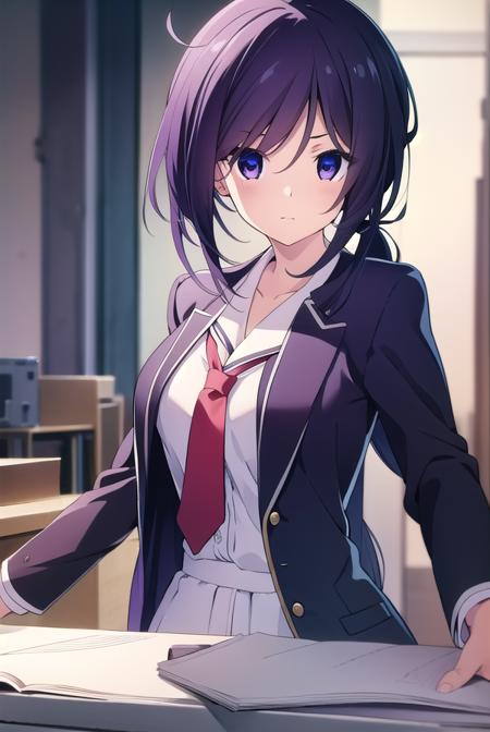 miokunosato, <lyco:miokunosato-LYCORIStest:1>,
mio kunosato, long hair, black hair, very long hair, (purple eyes:1.1), ponytail,
BREAK school uniform, necktie, labcoat,
BREAK looking at viewer, hands behind head,
BREAK indoors, classroom,
BREAK <lora:GoodHands-vanilla:1>, (masterpiece:1.2), best quality, high resolution, unity 8k wallpaper, (illustration:0.8), (beautiful detailed eyes:1.6), extremely detailed face, perfect lighting, extremely detailed CG, (perfect hands, perfect anatomy),