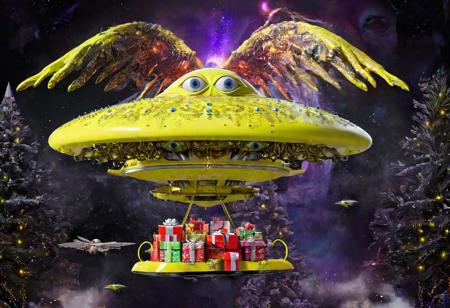 seraphins, mystical creature with hundreds of eyes and wings, roswell alien with yellow christmas hat, delivering presents with santa riding a ufo sleigh, intricate complexity, surreal horror, inverted neon yellow drip paint, photoreal