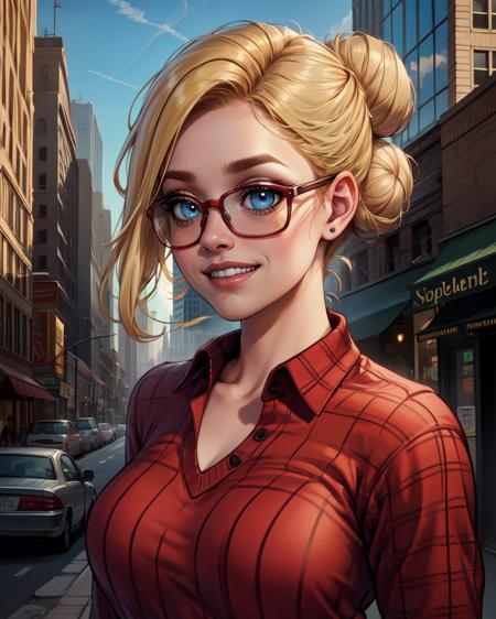 kara,blonde hair,blue eyes,
single hair bun,bangs,glasses,
sweater,red flannel,
standing,upper body,
morning,metropolis city,store,
(insanely detailed, beautiful detailed face, masterpiece, best quality),smile,
<lora:supergirl-10IJ2:0.4>,