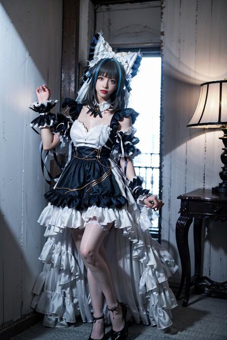 best quality, masterpiece, realistic, (photorealistic:1.4), 1girl, solo, full body, cheshire cosplay costume, looking at viewer, indoors, <lora:cheshire_cosplay_costume_v1-000012:0.7>