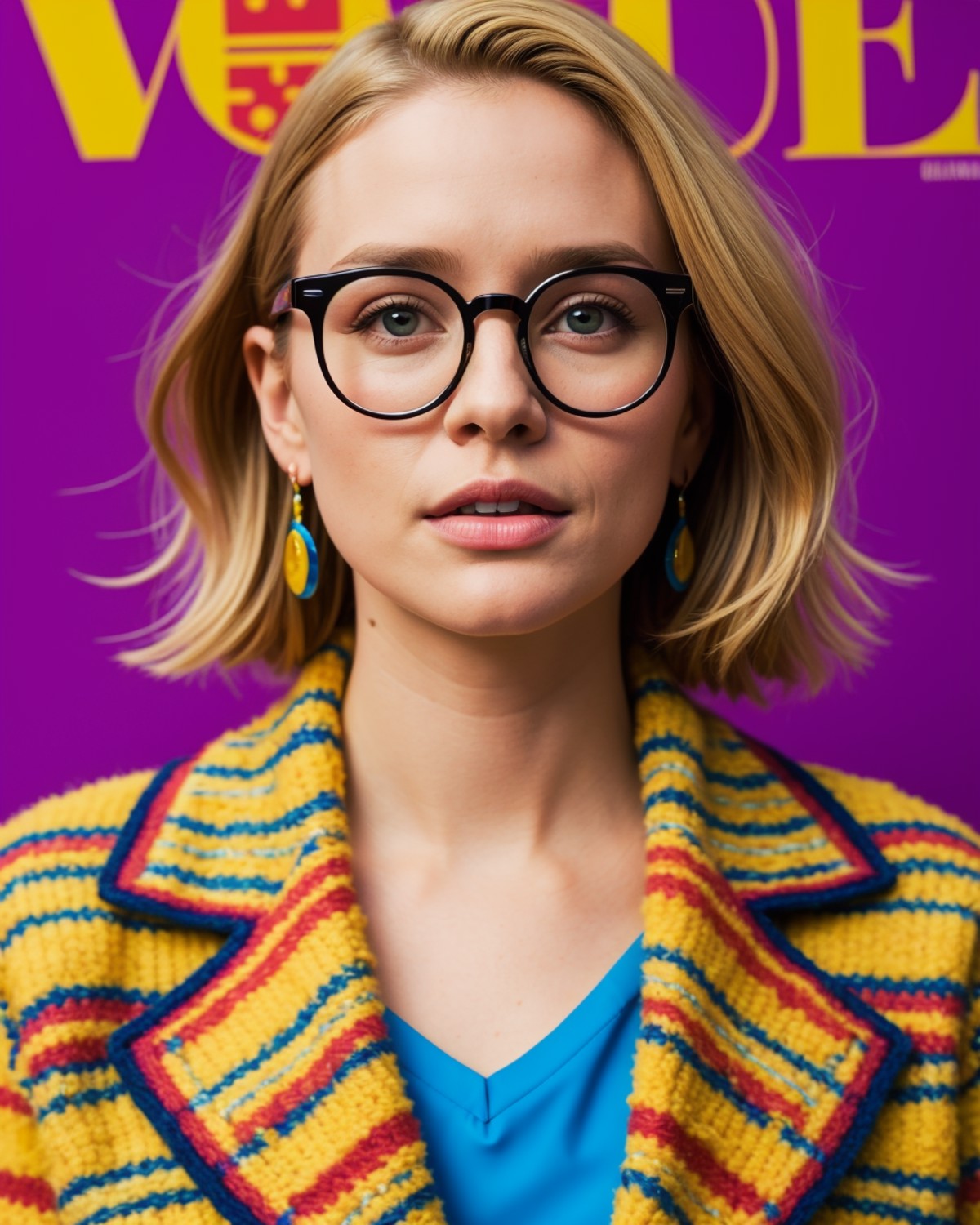 coat for a rave,big glasses, hairstyle, big earrings, multicolored, bright colors, many details, prints, photo for a magaz...