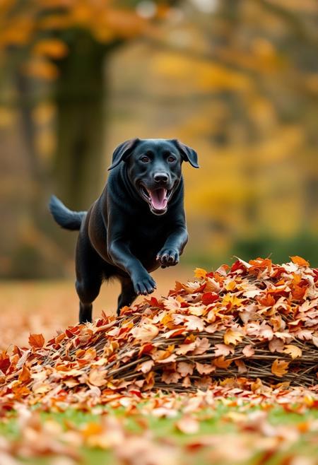 score_9, score_8_up, score_7_up, photo Quality, action shot, blurred background, autumn setting, black Labrador at a full speed run jumping and leaping into a large pile of raked leaves.