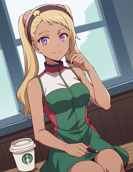 <lora:quitterie-raffaeli-s1-ponyxl-lora-nochekaiser:1>, quitterie raffaeli, long hair, blonde hair, twintails, purple eyes, hairband, dark skin, dark-skinned female, dress, jewelry, earrings, sleeveless,