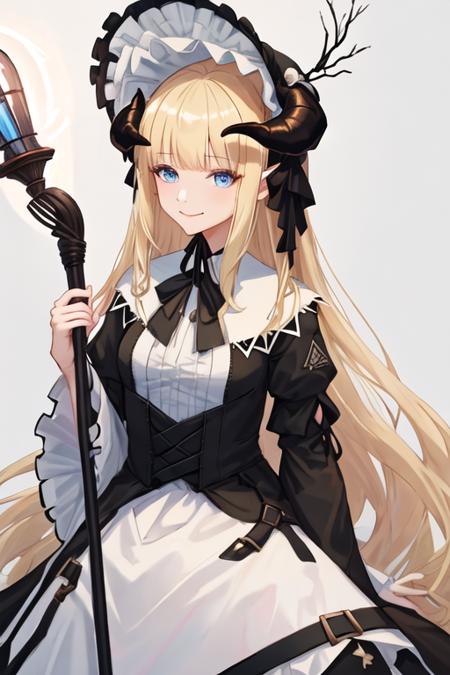 best quality, masterpiece, highres, solo, {nightingale_arknights:1.15}, long_hair, horns, blonde_hair, bangs, blue_eyes, hat, very_long_hair, white_headwear, upper_body, demon_horns, 1girl, bonnet, dress, lolita_fashion, black_dress, black_headwear, blunt_bangs, gothic_lolita, official_alternate_costume, long_sleeves, holding, black_ribbon, closed_mouth, holding_staff, looking_at_viewer, staff, ribbon, smile, wide_sleeves, frills