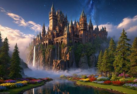 (masterpiece:1.5), (score_9, auto1111), extreme quality, reflections, surface reflections, ((no humans, no people)), precise, precision, striking visuals, sharp focus, detailed background, light reflections, architecture of boundless opportunities, (an enormous Fractal Castle), at the rim of a enormous redwood forest, enormous mountains in the background, enormous redwood trees, (a steaming stream and waterfall), realistic, photorealistic, night sky, clouds, steaming water, multicolored flowers, detailed enormous Fractal Castle, polished glass, polished White Stone, fluffy clouds, mist, fog, detailed landscape, flowing water, detailed titanium bridges, starry sky, night, landscape of boundless opportunities, extreme fantasy, dynamic shaders, vibrant colors, water fog, ground fog, Fractal architecture, (close-up view of Castle), boulders of different sizes, (inspired by dungeons & dragons),