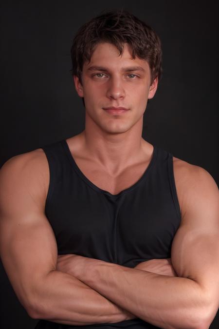 professional studio photo of sc_brandon <lora:sc_brandon_cleancut-08:0.75> taken by Annie Leibovitz, simple background wearing a tank top, arms crossed, staring at the camera, strong demeanor, warrior pose, mouth slightly agape, piercing eyes, refracted lighting