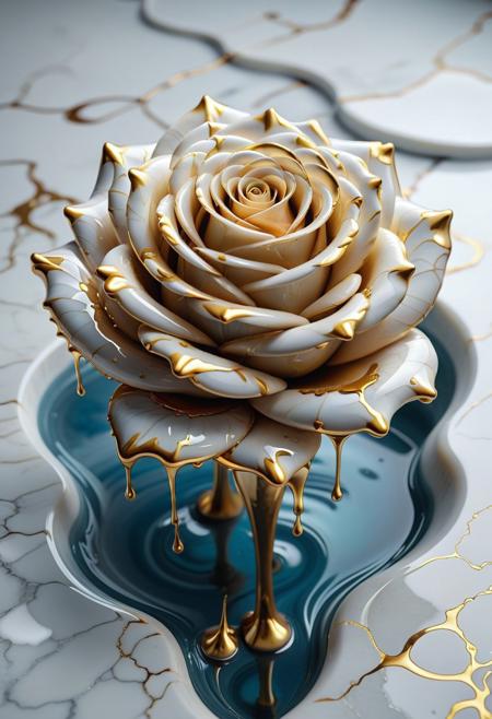 Liquid Marble floor, detailed, ultrarealistic, gold dripping, liquid marble roses, liquid marble bouquet of white gold roses,