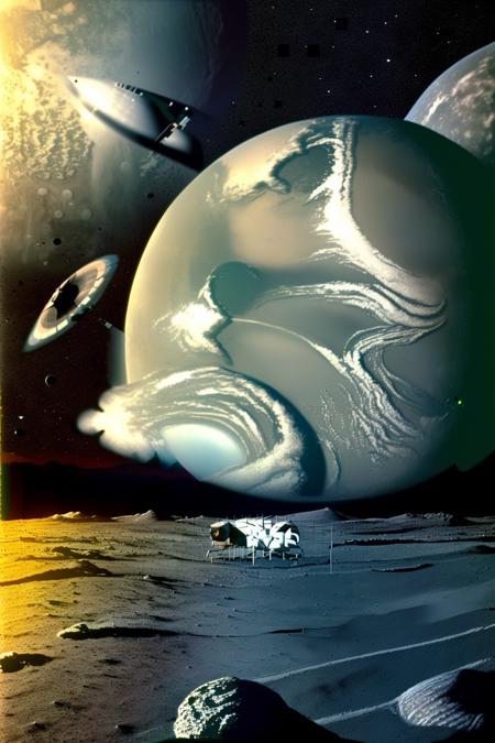 photo of the mission Apollo on an otherworldly planet, in the deep space, apollo_style , deep black sky , space art , sci-fi