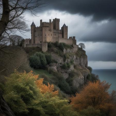 photograph surrounded by trees at the bottom and leaves at the top in the foreground, in the background in the center old castle on a cliff and stormy sky