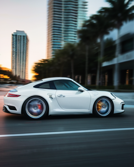 cinematic photo of white Porsche in Miami, perfect lighting, vibrant, high detailed, epic, movie still, motion blur, film grain