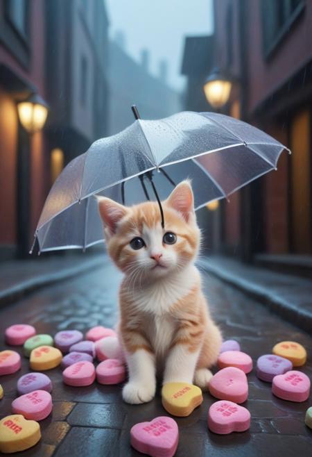 score_9, score_8_up, score_7_up, masterpiece-level, highly detailed, fantasy-themed, cute animal focus, really cute animal, cute focus, intricate details, vibrant and hilariously relaxed aesthetics, (rain made from candyhearts,:1.5) , (raindrops made from candyhearts,:1.5) text
holding, umbrella:2, raining, kitten:2, kneeling, photorealistic render with Warframe aesthetic, dramatic lighting, best quality, plastic umbrella, (raindrops made from candyhearts:1.5)visible to shelter protecting a tiny, shivering calico kitten kitten nestled in a dark, atmospheric alleyway between high-tech buildings, (rain made from candyhearts:1.5) pouring down dramatic nighttime lighting, illuminated primarily by streetlights and the focusing on the kitten huddled safely, cute kitten, protection, rainy night, umbrella, juxtaposition, touching moment, sci-fi elegance, masterpiece, best quality, best quality, absurdres, 8k, HDR, <lora:albrecht_labs:1>