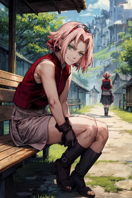 sakura shippuden, masterpiece, best quality, absurdres, solo, woman, badass, sitting on bench,  looking at viewer, smirk,  tomboy,    red jacket, toeless footwear, bandaged leg, skirt, black short, sleeveless,  short hair, bangs, green eyes, small breasts, konohagakure symbol, black gloves, outdoors, village background, grey sky, <lora:DetailLora:1>, <lyco:BetterHands:1.0>  , <lora:sakura_shippuden:1>