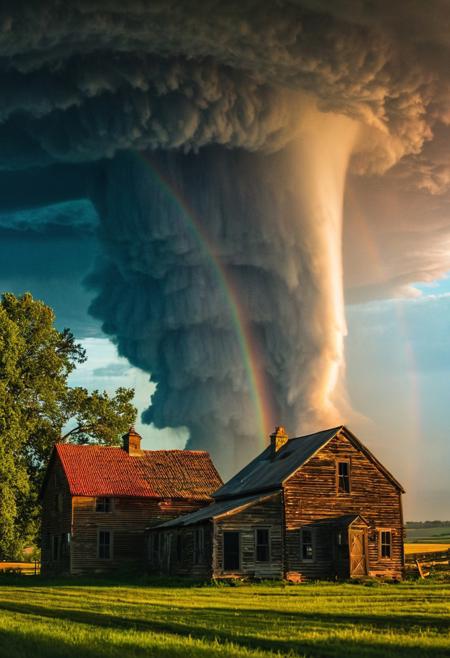 portrait, masterpiece, 4k, ray tracing, intricate details, highly-detailed, hyper-realistic, 8k RAW Editorial Photo.
A giant tornado looming over an old farmhouse, with a vibrant rainbow twisted around the tornado, in the style of National Geographic photography. Very detailed, vibrant colors, the tornado has sucked the rainbow up.
cinematic light, dramatic light, shallow depth of field,  high budget, bokeh, cinemascope, film grain,