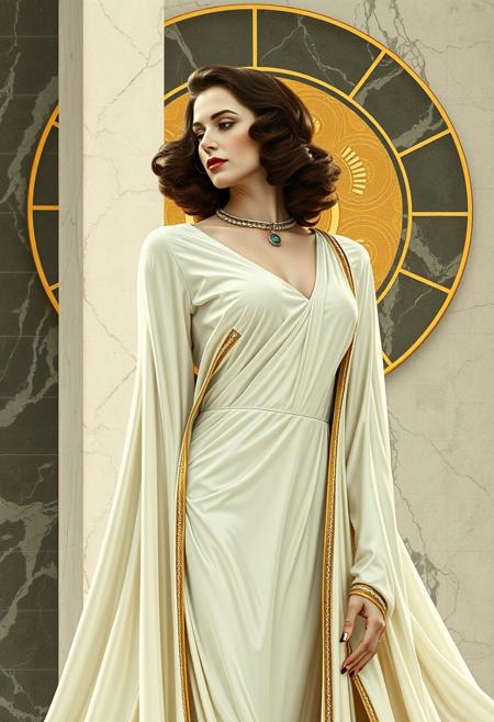 art deco woman 1940s retro-futurism , alabaster and marble , gold and chrome , flowing robes