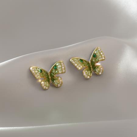 ding, green diamond stud earrings, butterfly shaped stud earrings, butterfly, white background, gold trimmed stud earrings, green gemstone
,
 <lora:ershiv2:1>