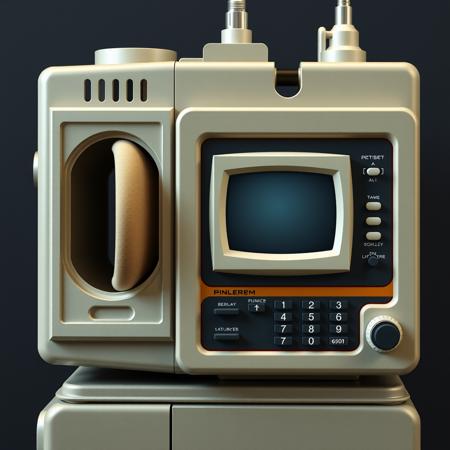 A front view of a strange medical device, on the left is of the device is an cylindrical opening lined with a padded material, the casing of the device is metallic and various buttons and a single CRT display on it, depicted in a photorealistic style. The style of the machine is a retro fusturistic style and boxy