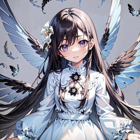 best quality:1.4, very huge eyes, black hair, very long hair, white dress, flower garden, white huge wings, fluttering white feathers,